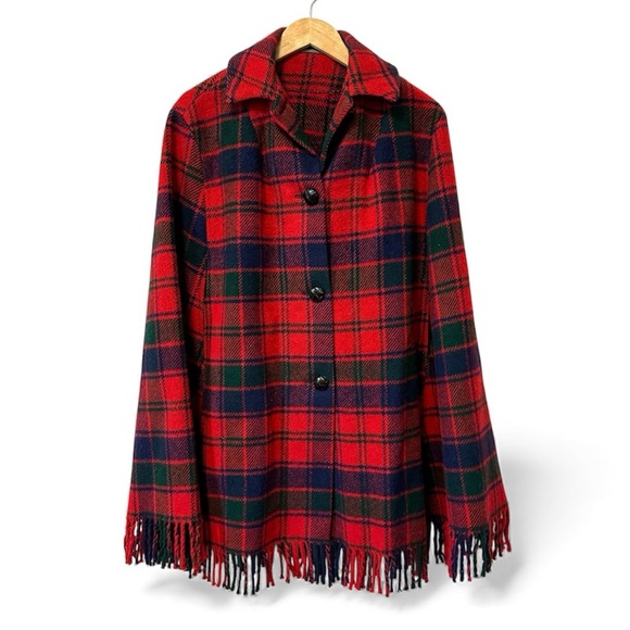 Vintage Red Plaid Wool Poncho Blanket Fringe Cape Shawl Coat Festive One Size